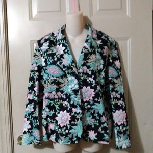 Vtg Palm Beach Cotton Black Floral Blazer